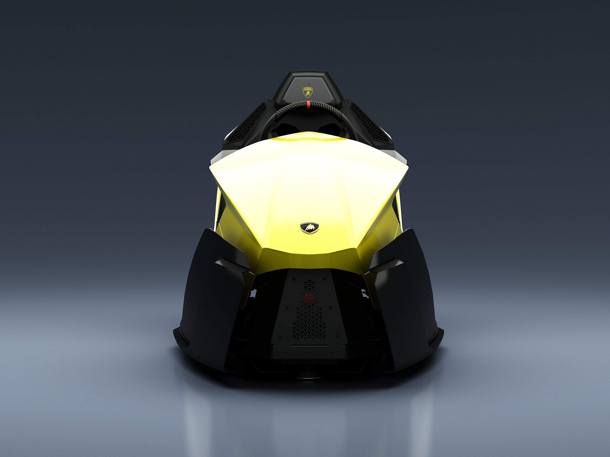Front view of the yellow Vesaro x Lamborghini simulator chassis with a Lamborghini badge on the nose