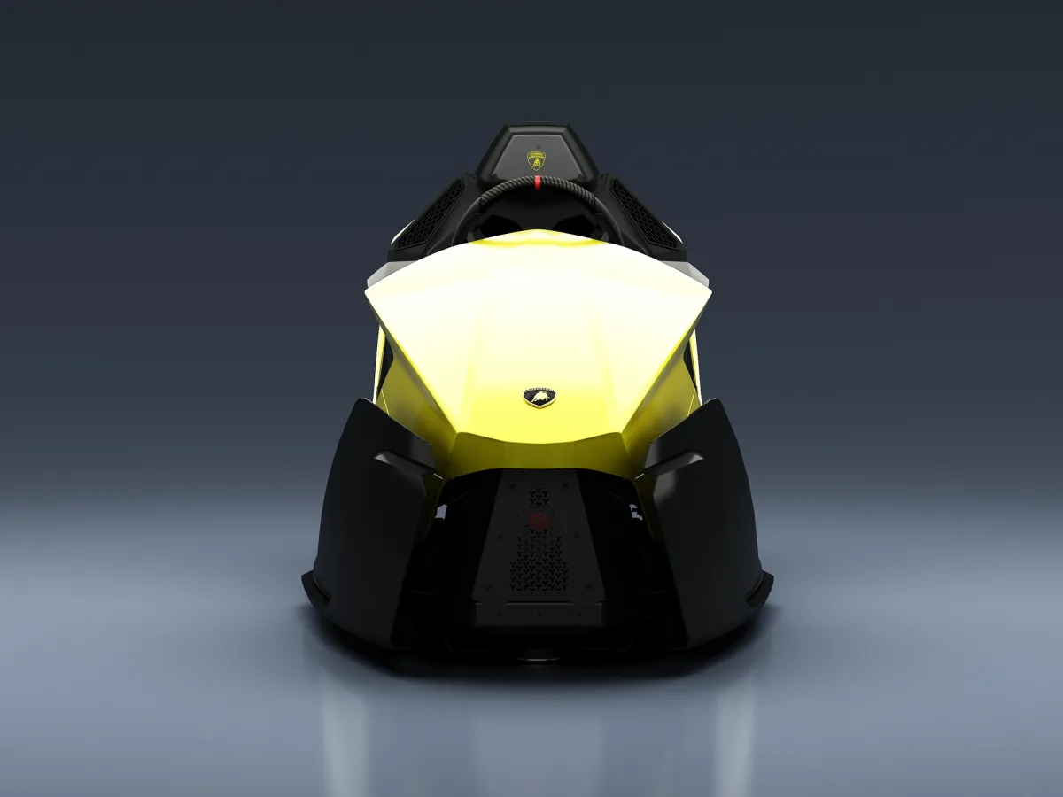 Front view of the yellow Vesaro x Lamborghini simulator chassis with a Lamborghini badge on the nose
