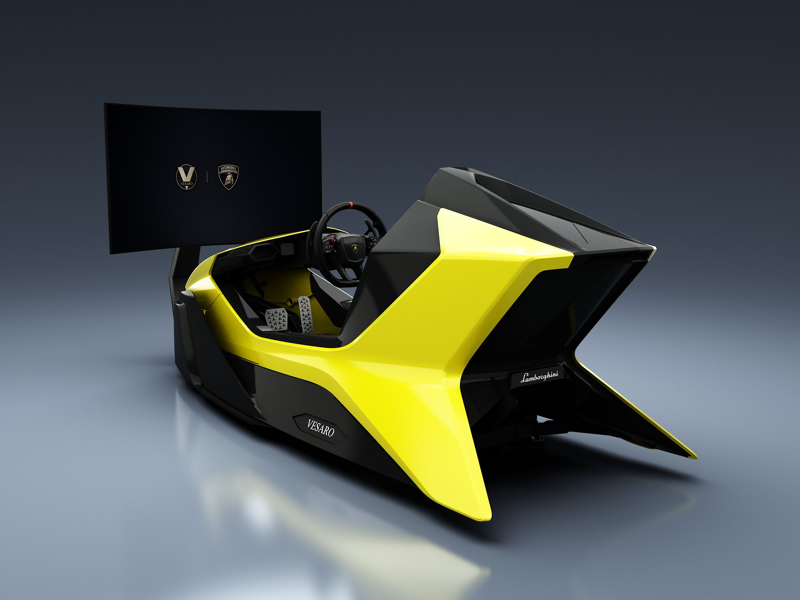 Yellow and black angular Vesaro x Lamborghini racing simulator with curved display and Lamborghini logo on the screen