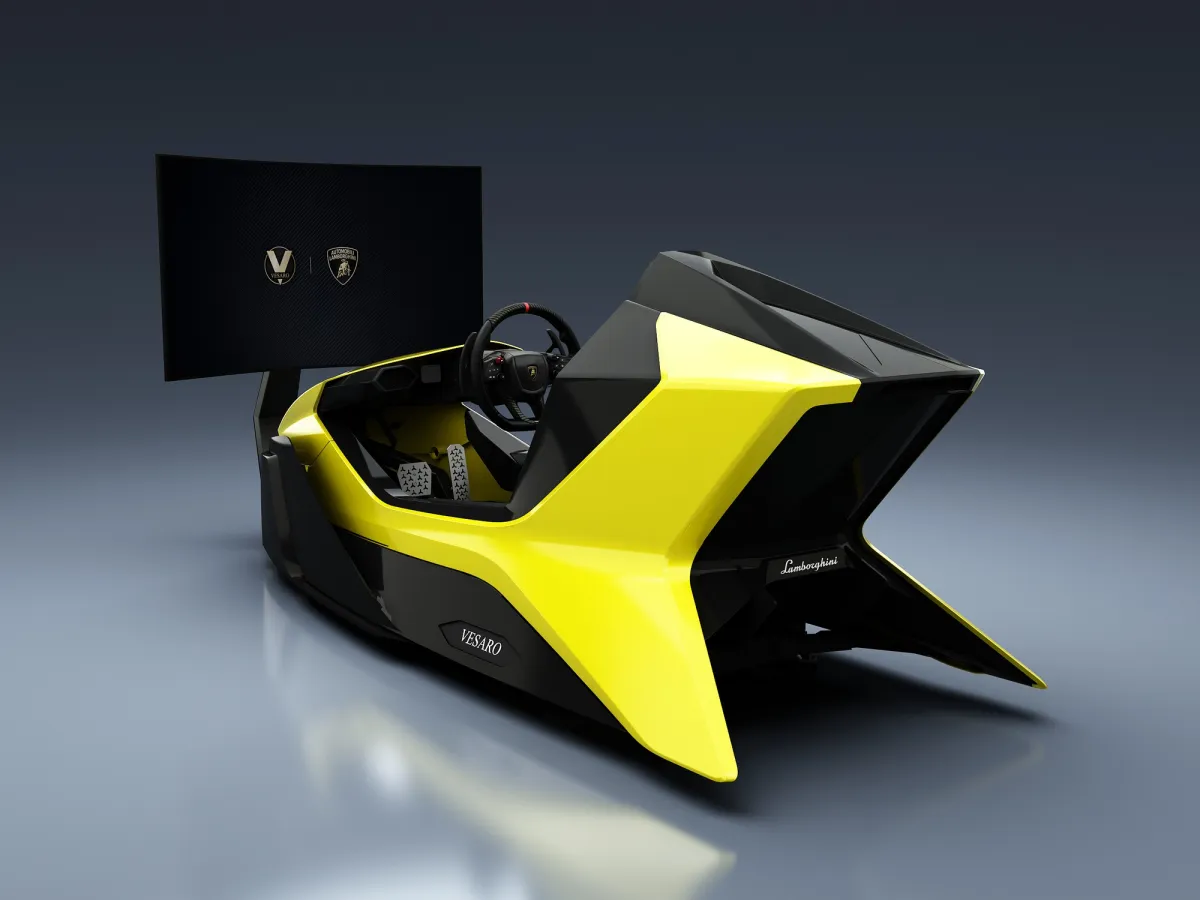 Yellow and black angular Vesaro x Lamborghini racing simulator with curved display and Lamborghini logo on the screen