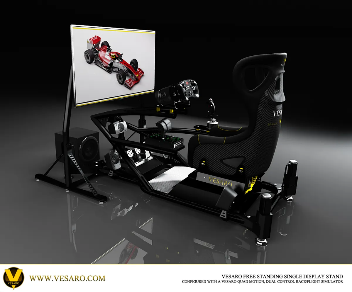 Side render of a Vesaro quad motion dual-control simulator with a free-standing single monitor and bucket seat