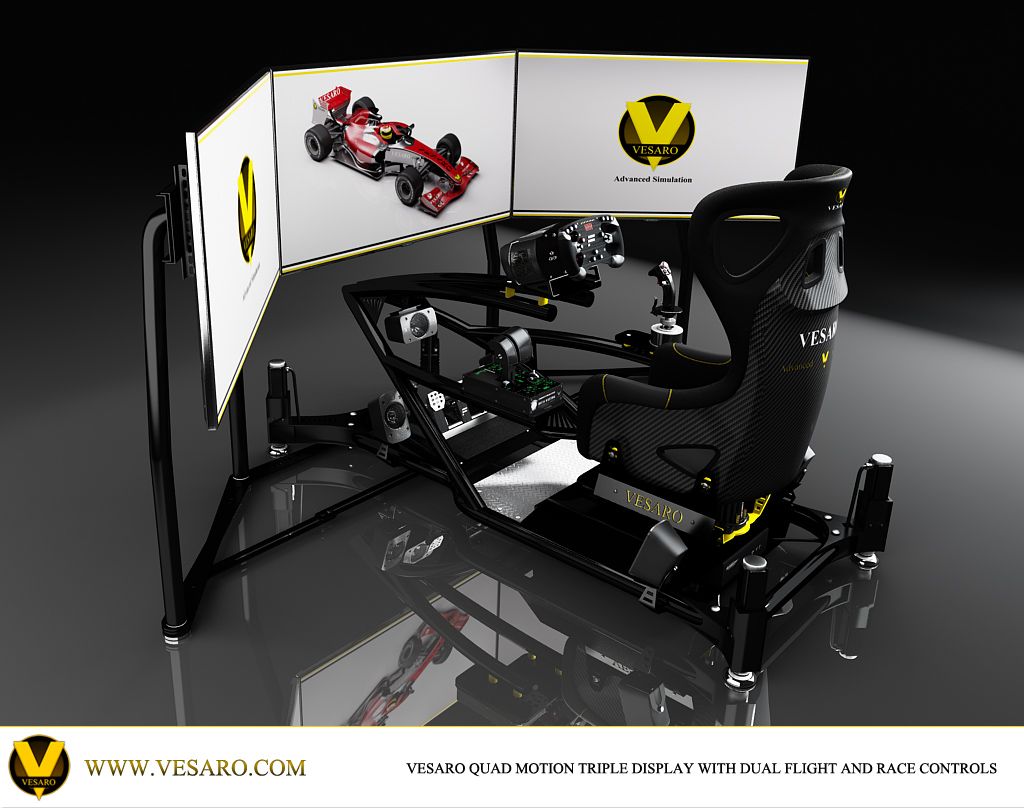 Three-quarter render of a Vesaro quad motion rig with triple display, joystick and wheel controls on a reflective floor