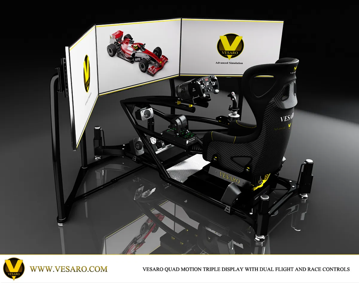 Three-quarter render of a Vesaro quad motion rig with triple display, joystick and wheel controls on a reflective floor