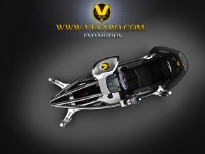 Top-down view of a Vesaro Evo Motion simulator with a Vesaro logo and website address overlay