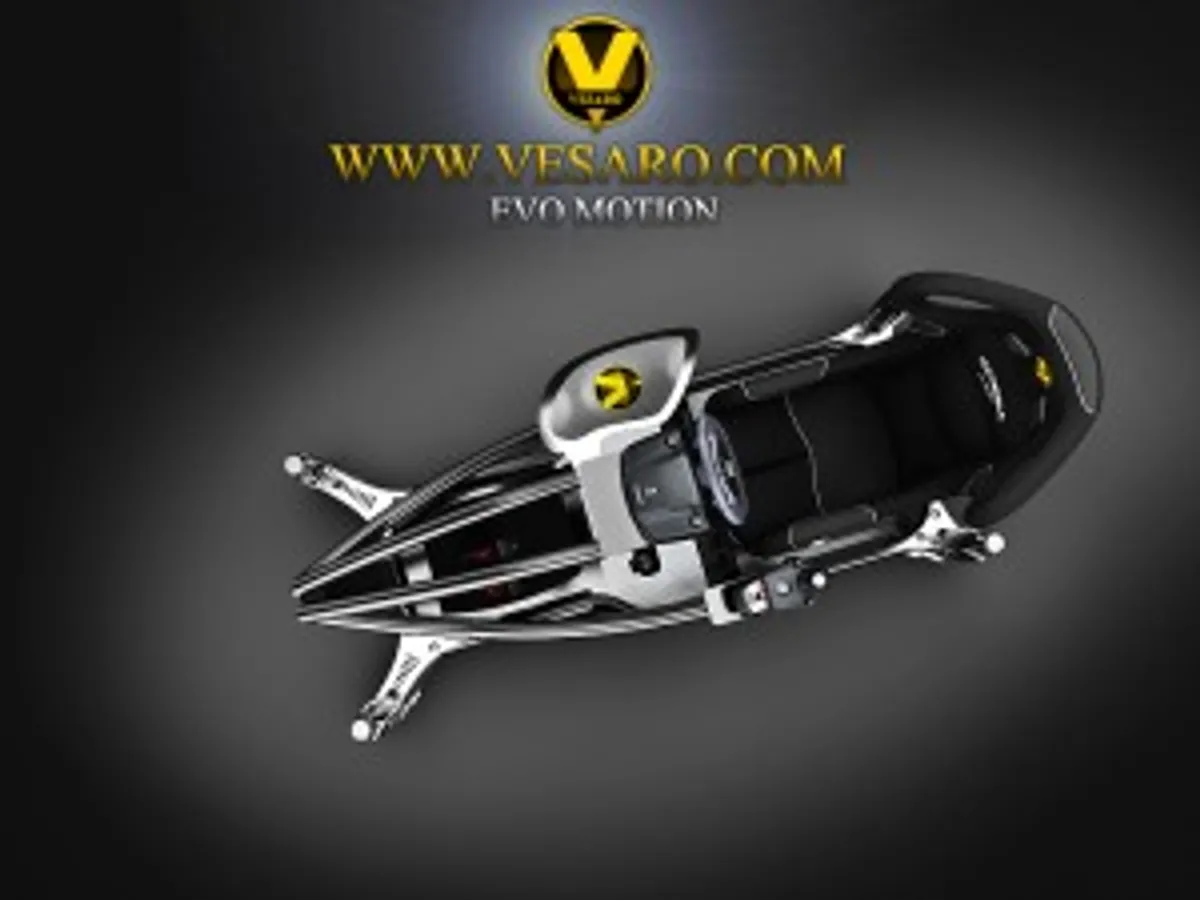 Top-down view of a Vesaro Evo Motion simulator with a Vesaro logo and website address overlay
