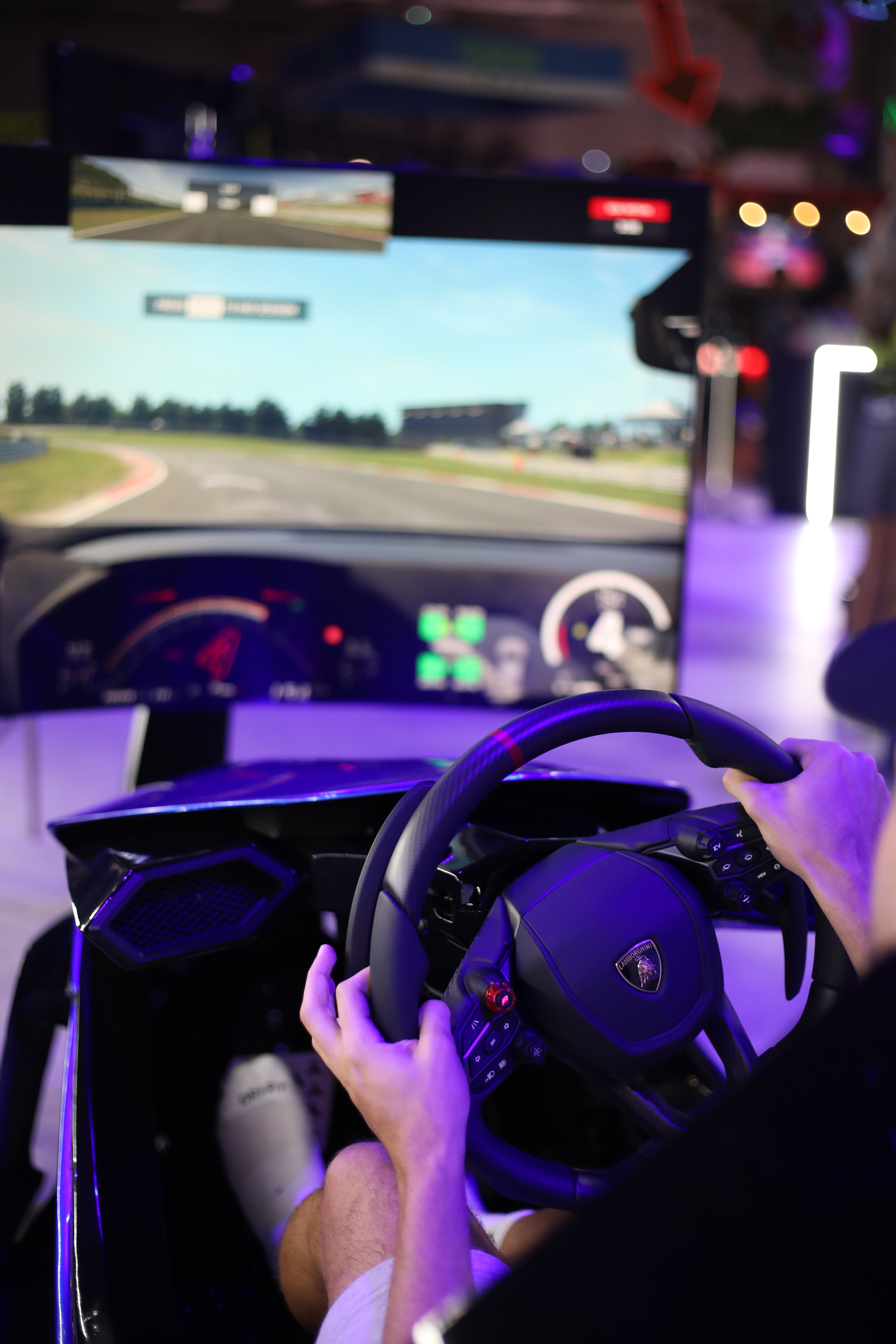 Driver's hands on a Lamborghini-badged steering wheel in front of a screen showing a race circuit
