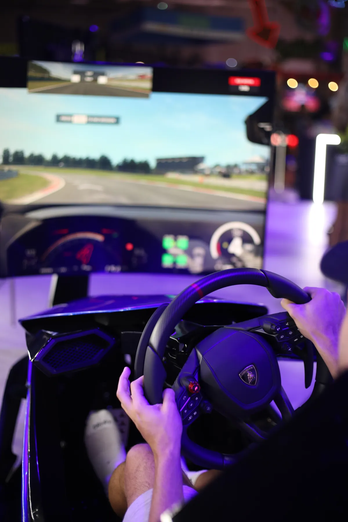 Driver's hands on a Lamborghini-badged steering wheel in front of a screen showing a race circuit