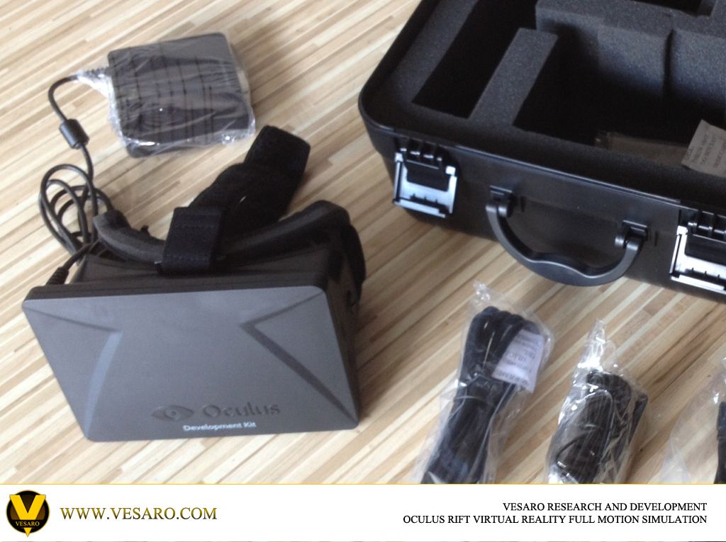 Oculus Rift development kit headset, power supply and cables laid out beside its foam-lined carry case