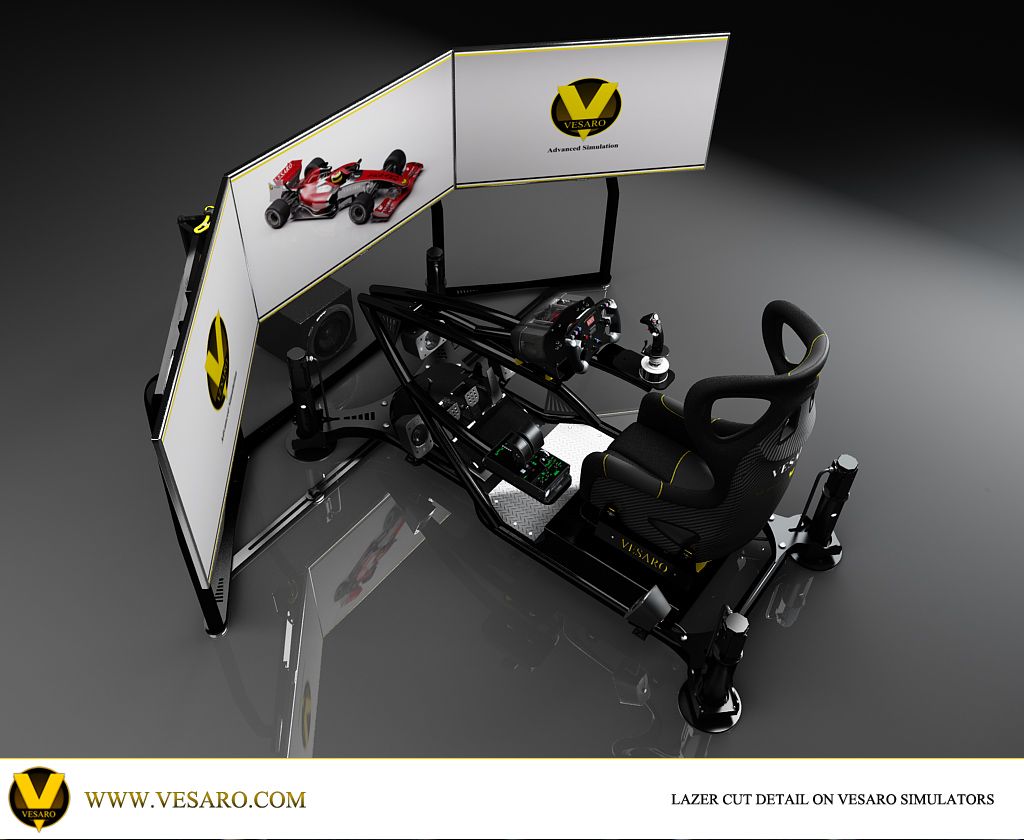 High-angle view of a Vesaro simulator with three white screens, seat and controls, captioned laser cut detail