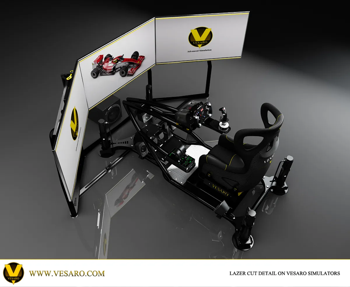 High-angle view of a Vesaro simulator with three white screens, seat and controls, captioned laser cut detail