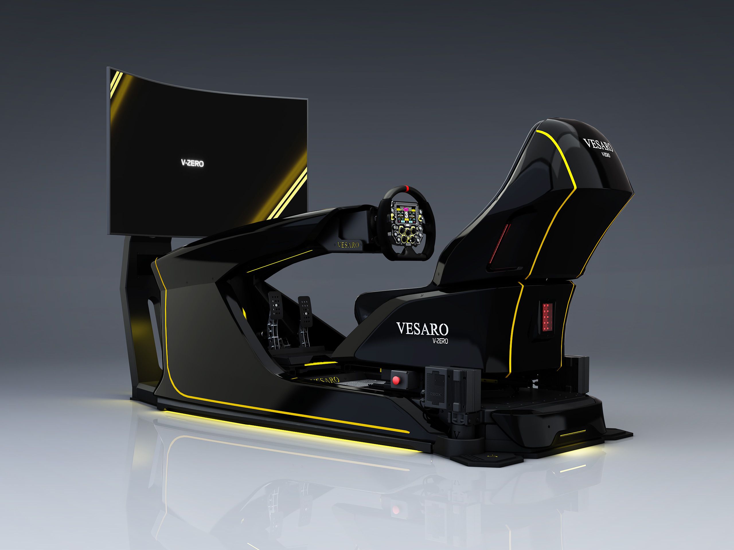 Vesaro V-Zero racing simulator in black with yellow trim, front three-quarter view with a curved display