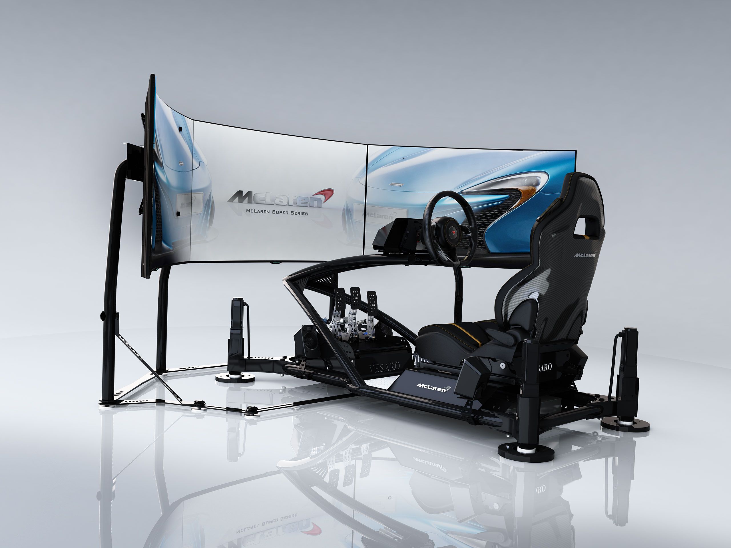 McLaren-branded Vesaro triple-screen racing simulator with motion actuators, black frame and bucket seat, studio view