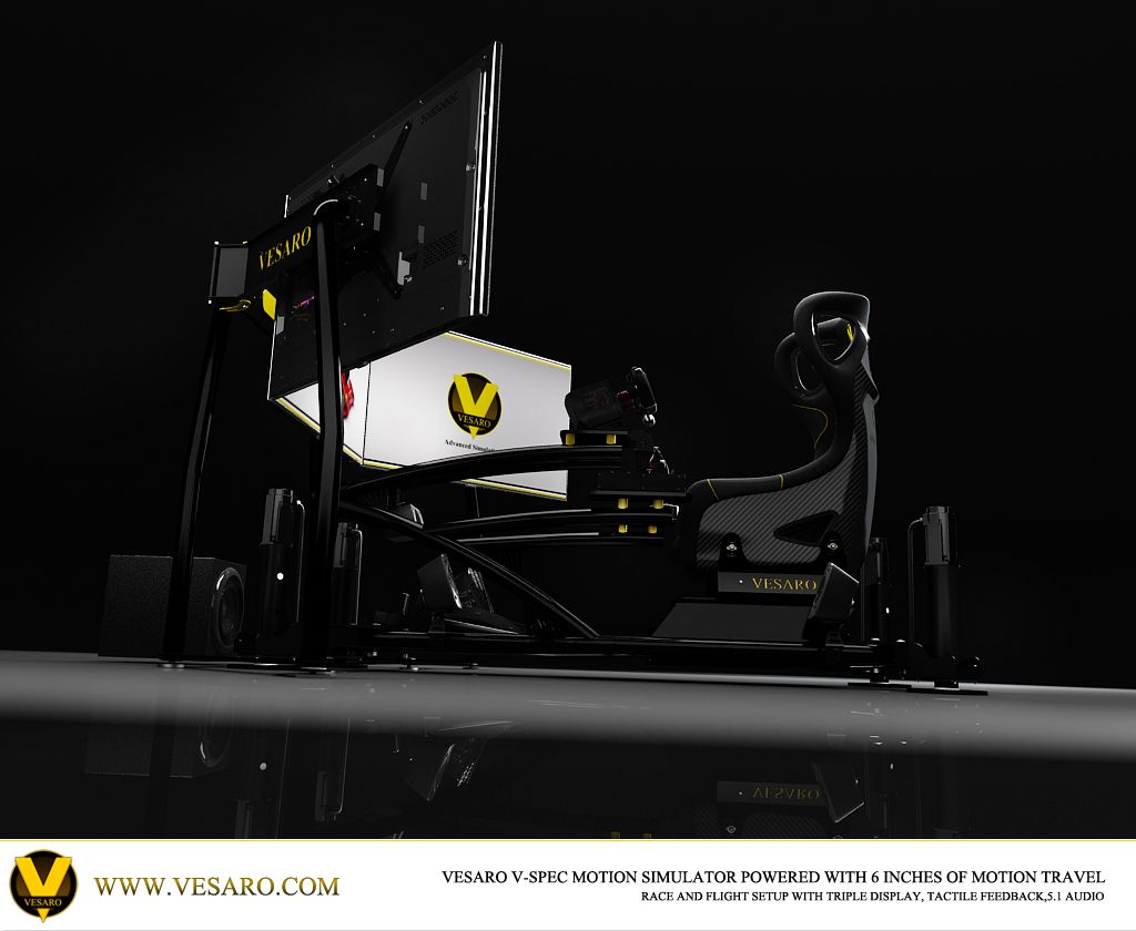 Vesaro V-Spec motion simulator in a dark studio, rear angle with a display, seat and speakers