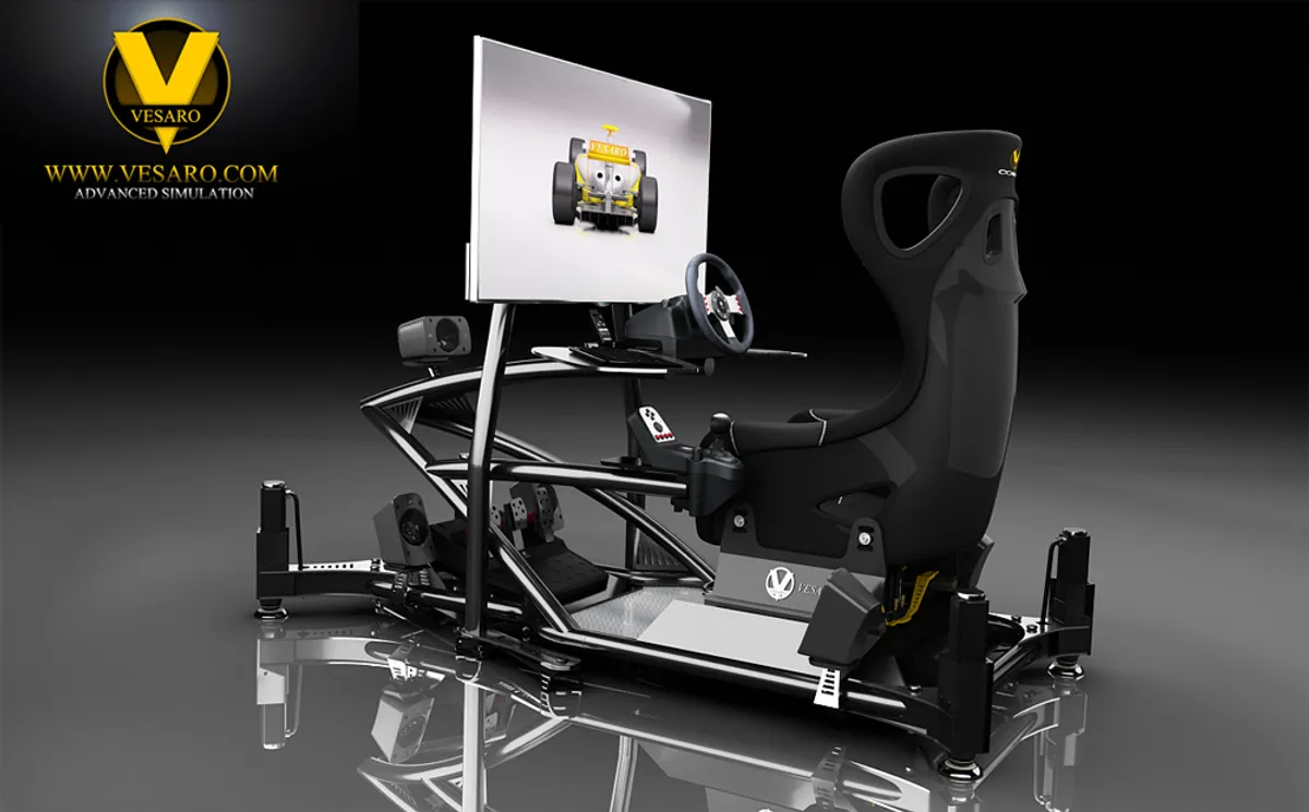 Render of a black Vesaro racing simulator with a single monitor on a free-standing stand, tubular frame and bucket seat