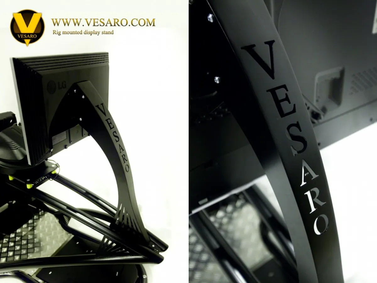 Two views of the Vesaro rig-mounted display stand with a monitor and laser-cut Vesaro lettering