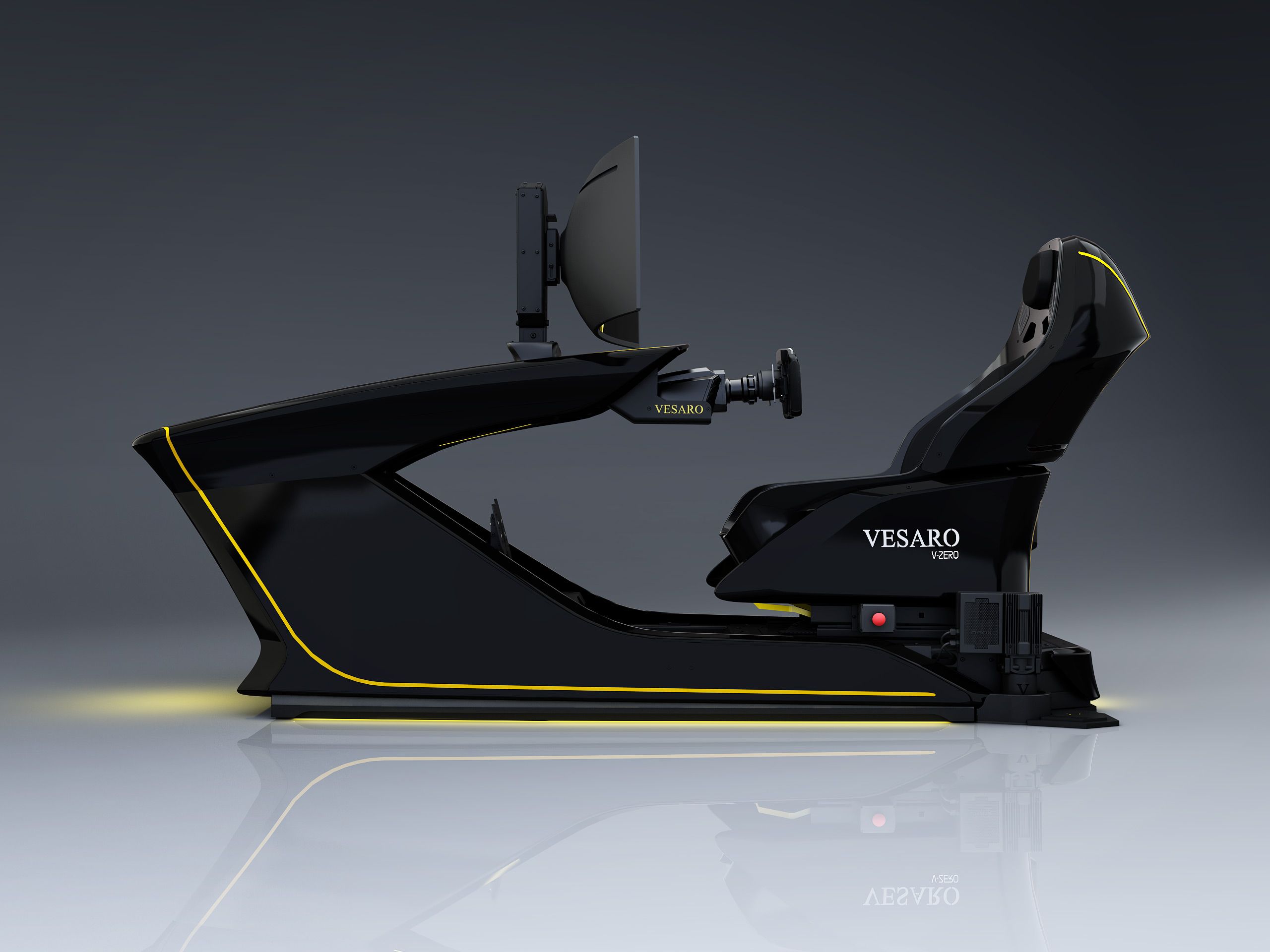 Side profile render of a black V-ZERO simulator with yellow accent lines, single display and bucket seat