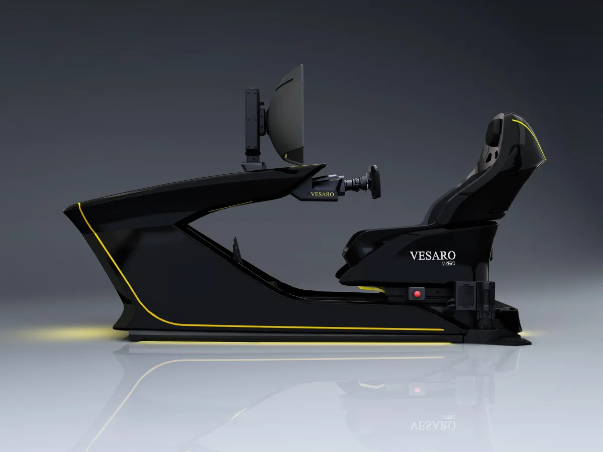 Side profile render of a black V-ZERO simulator with yellow accent lines, single display and bucket seat