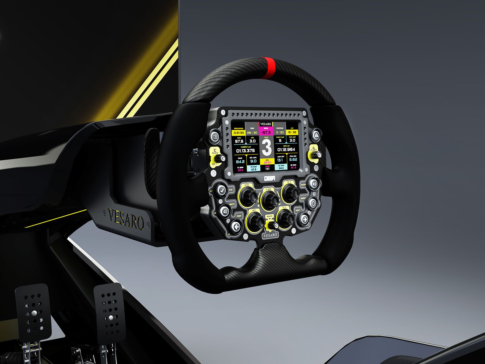 Close-up of a Vesaro racing wheel with a colour dash display and rotary buttons, pedals visible below