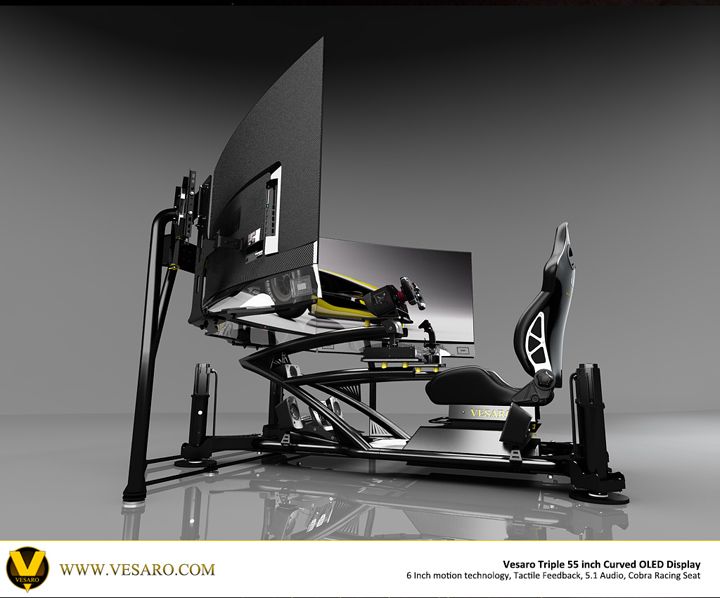 Rear view of the Vesaro triple curved OLED display on its stand above a motion platform and seat