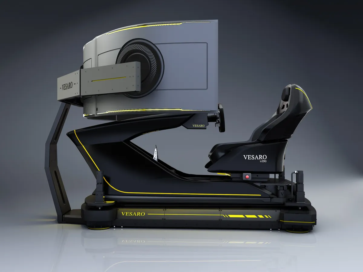 Vesaro racing simulator on a motion base with curved display mounted above the driver, side profile