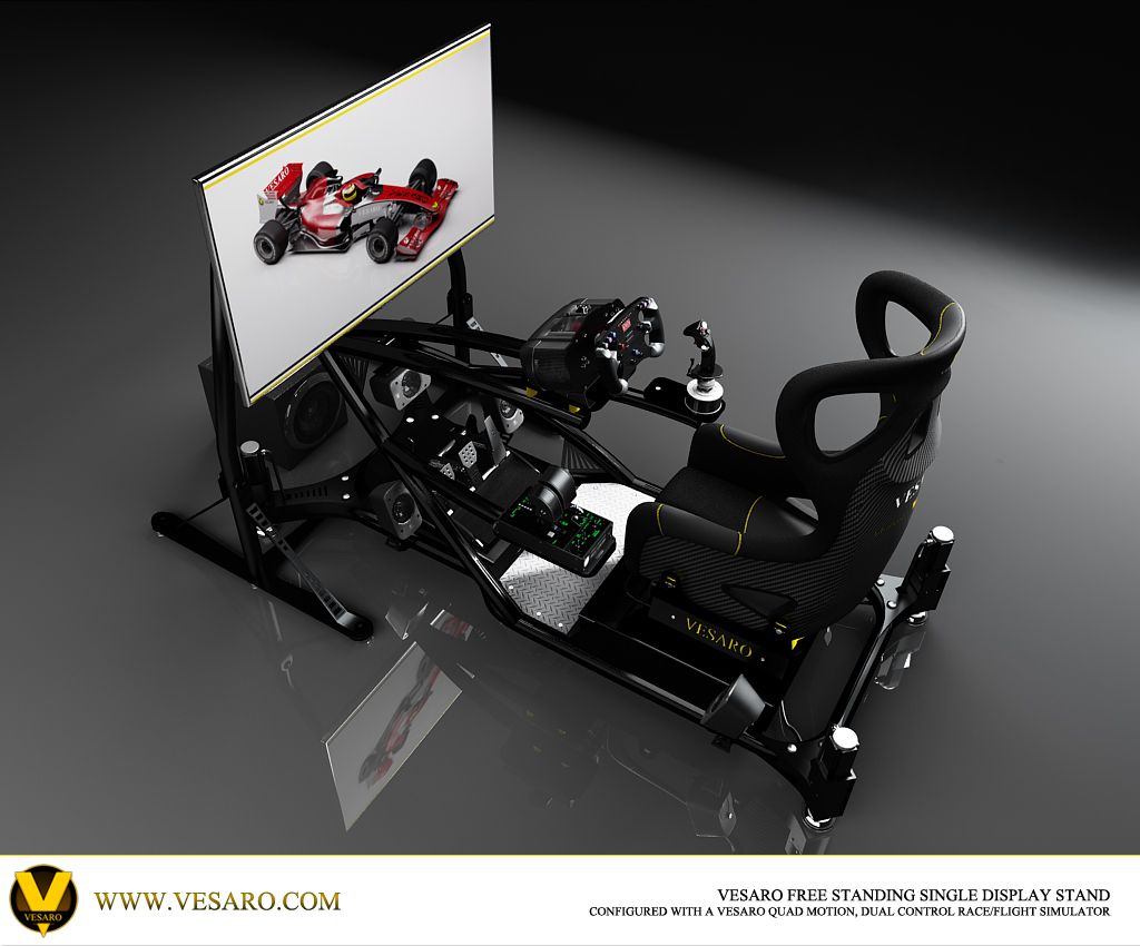 Elevated render of a Vesaro dual-control simulator with a single free-standing screen, wheel and joystick
