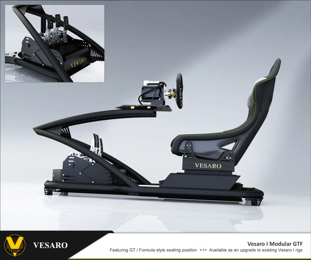 Render of a black Vesaro I Modular GTF simulator with GT and Formula style seat, wheel and pedals, plus an inset pedal detail