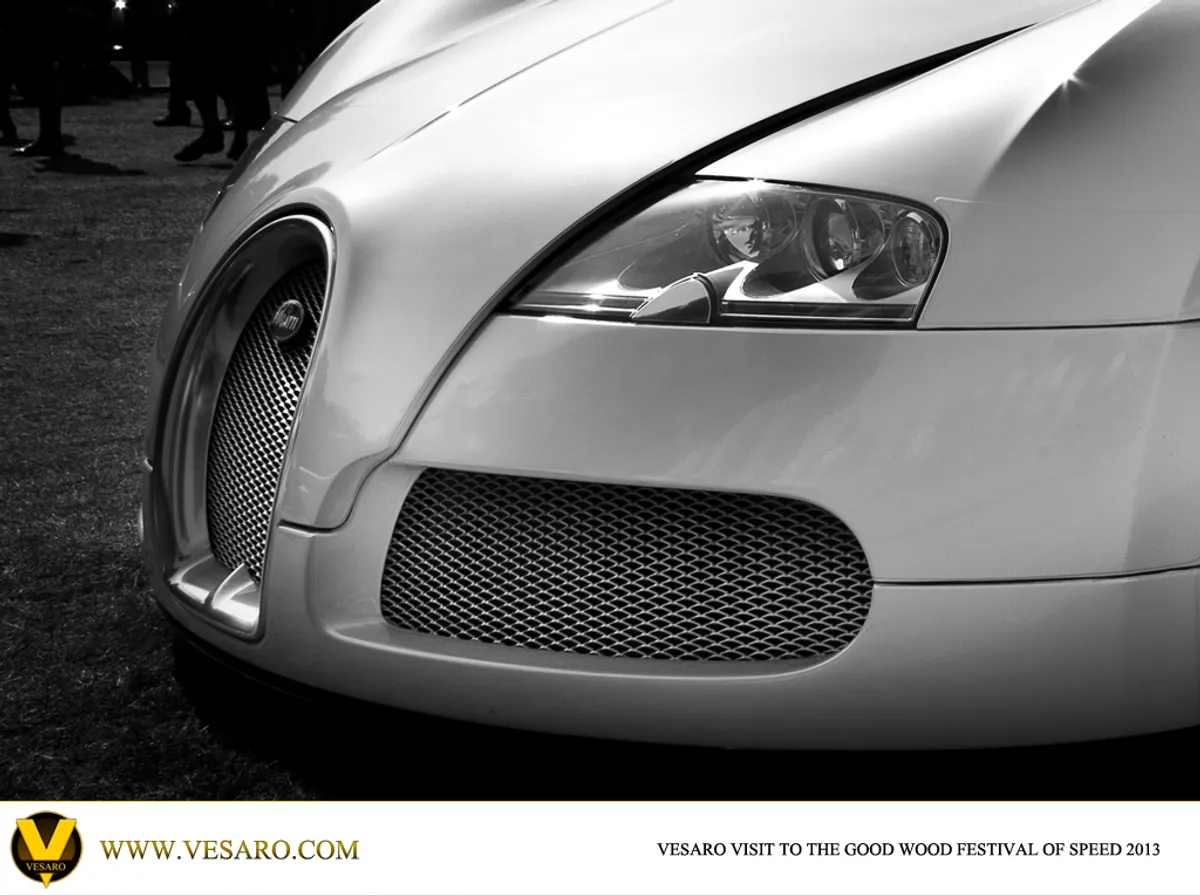 Black and white close-up of a Bugatti Veyron headlight, grille and front wing