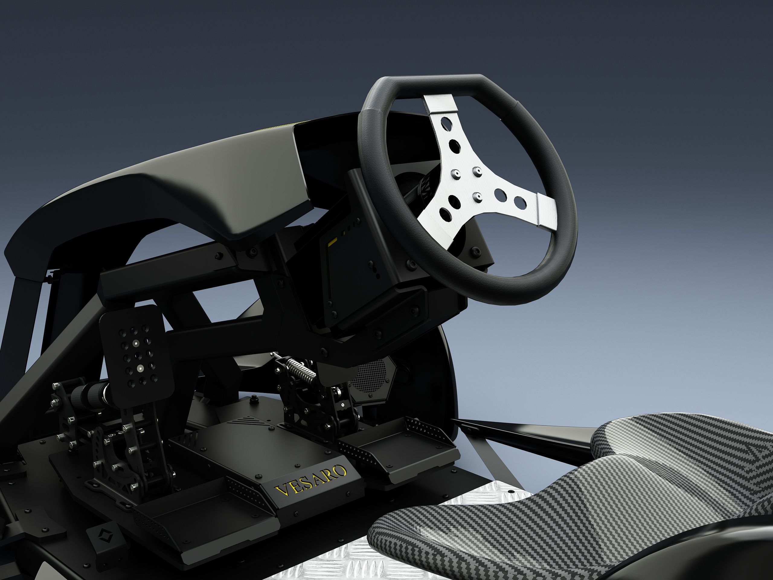 Close-up of the Vesaro Kart steering wheel, pedals and controls in the cockpit