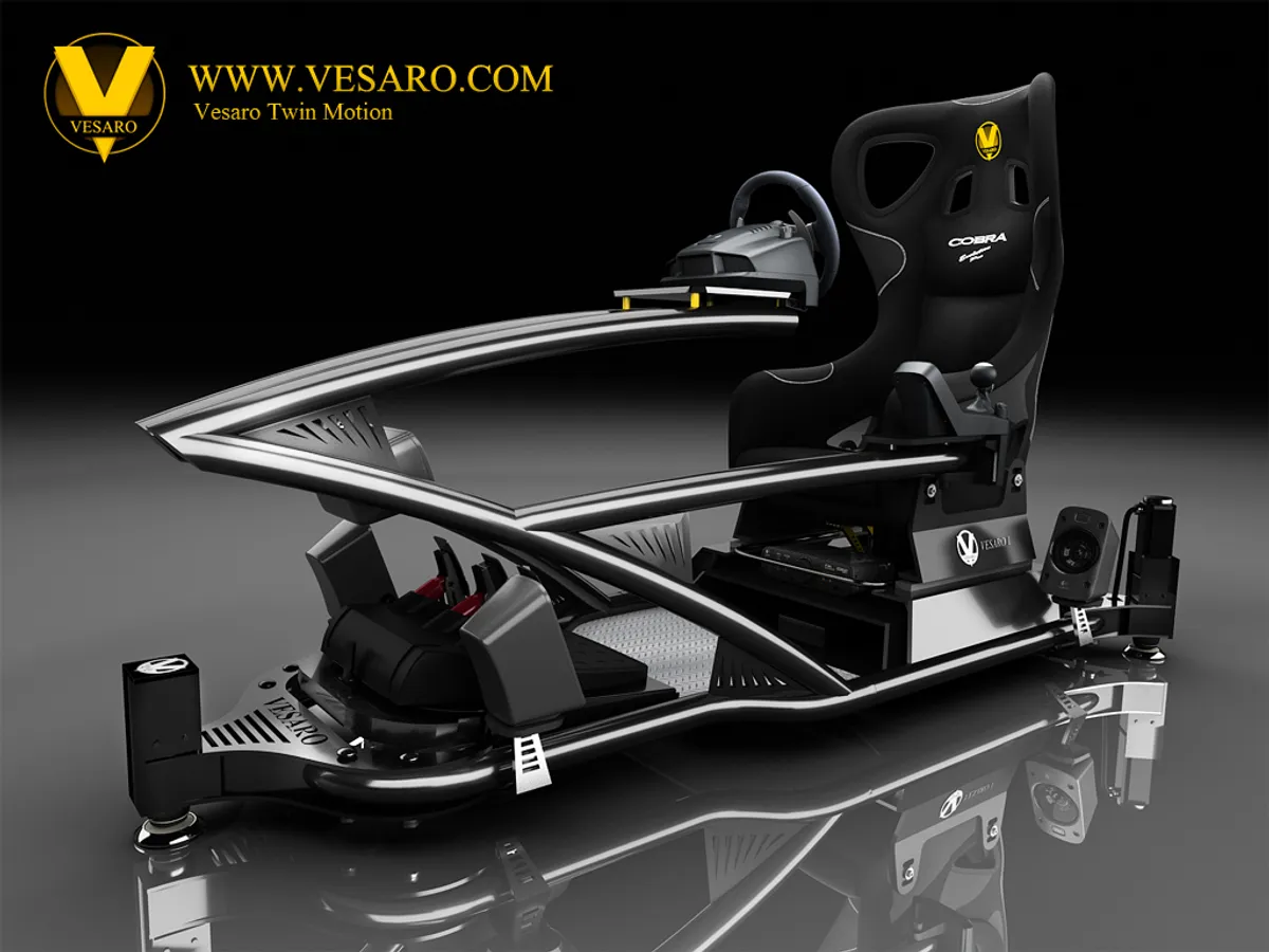 Vesaro Twin Motion simulator with a Cobra racing seat and curved tubular frame, front three-quarter view