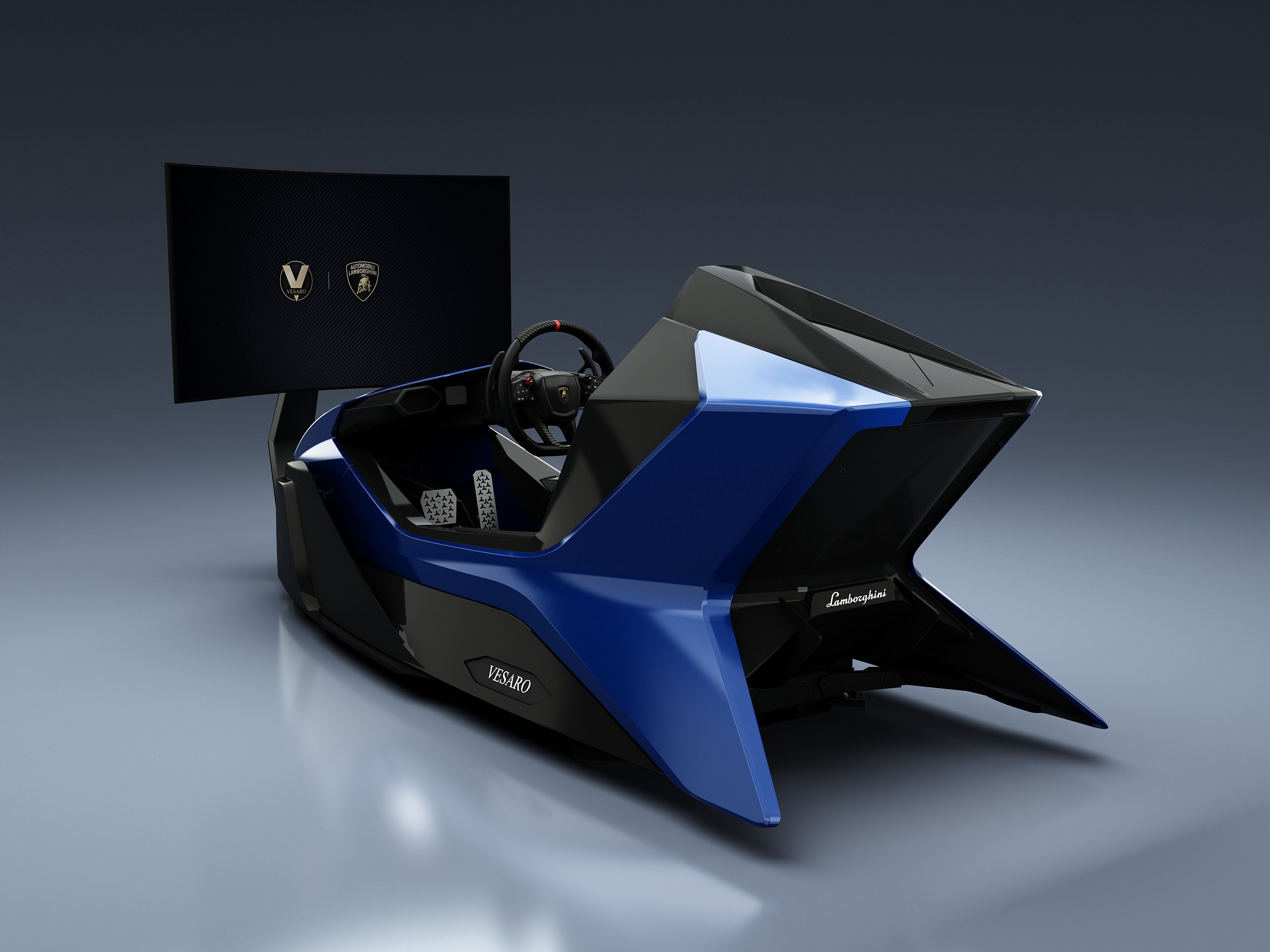 Blue angular Vesaro x Lamborghini racing simulator with curved display bearing partner logos, three-quarter front view