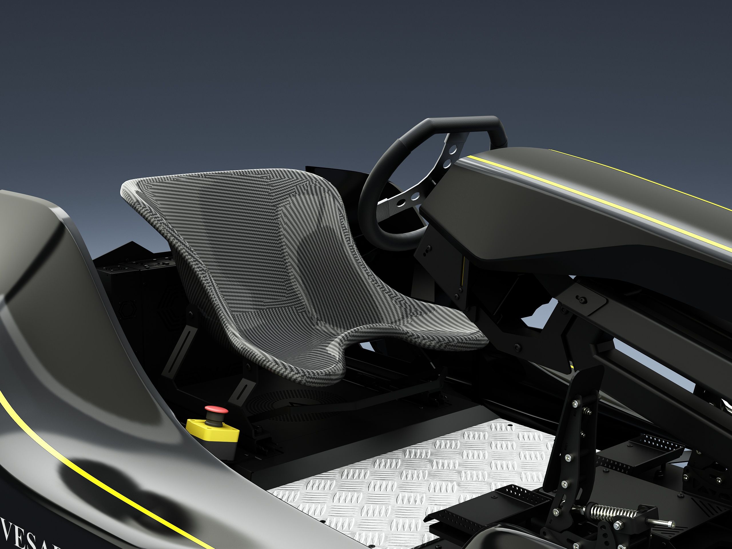Vesaro Kart driver seat with mesh pattern, steering wheel and yellow emergency stop button