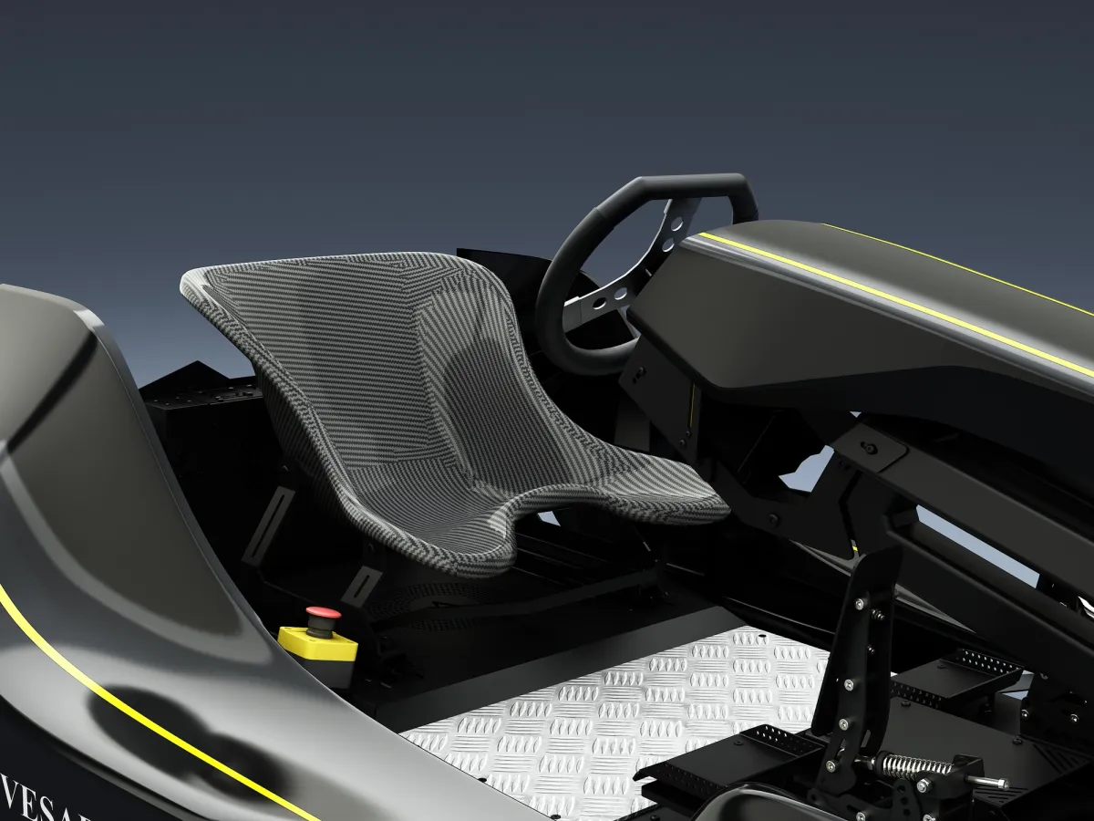 Vesaro Kart driver seat with mesh pattern, steering wheel and yellow emergency stop button