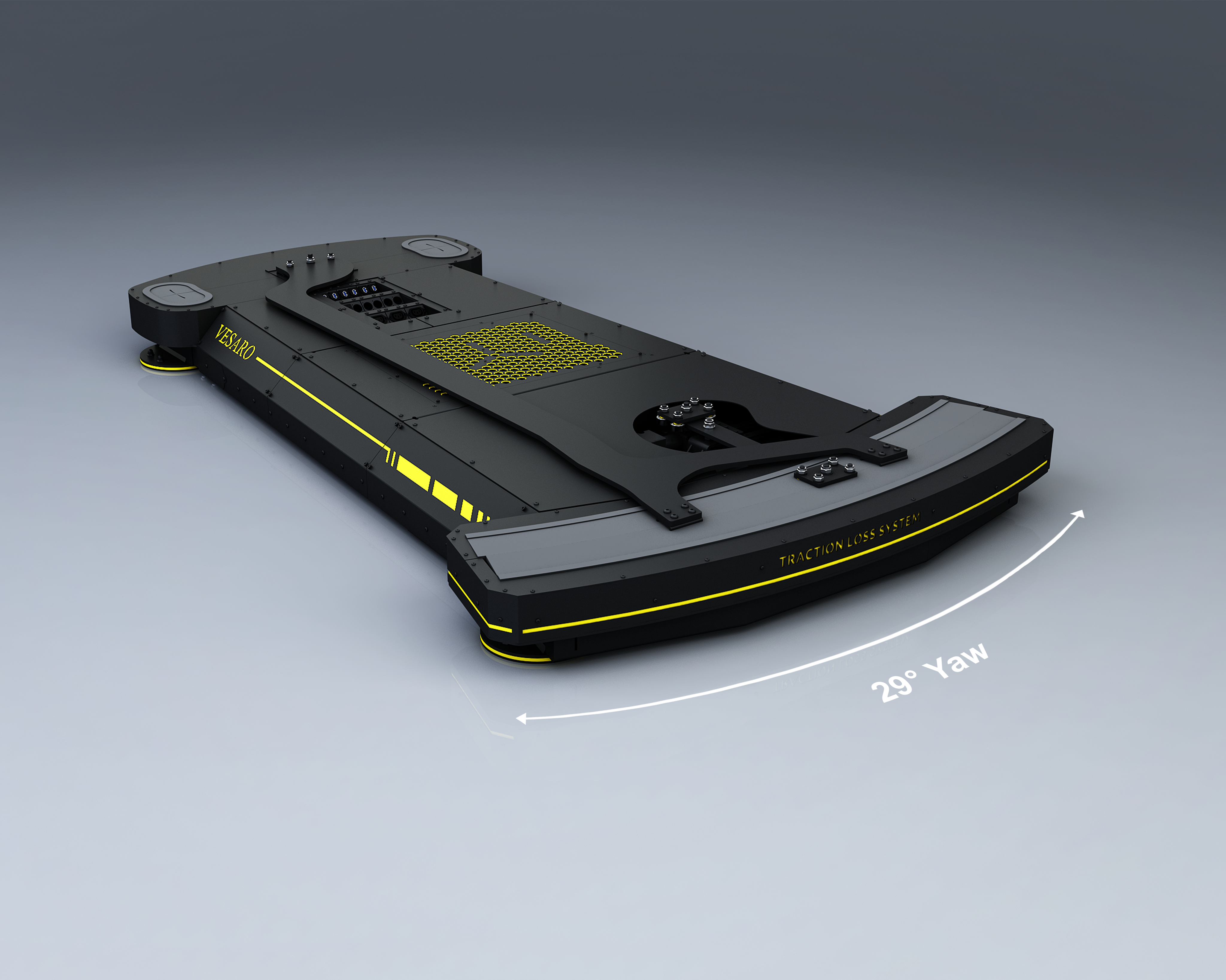 Vesaro motion platform base in black and yellow with a 25 degree yaw arrow marked on the graphic