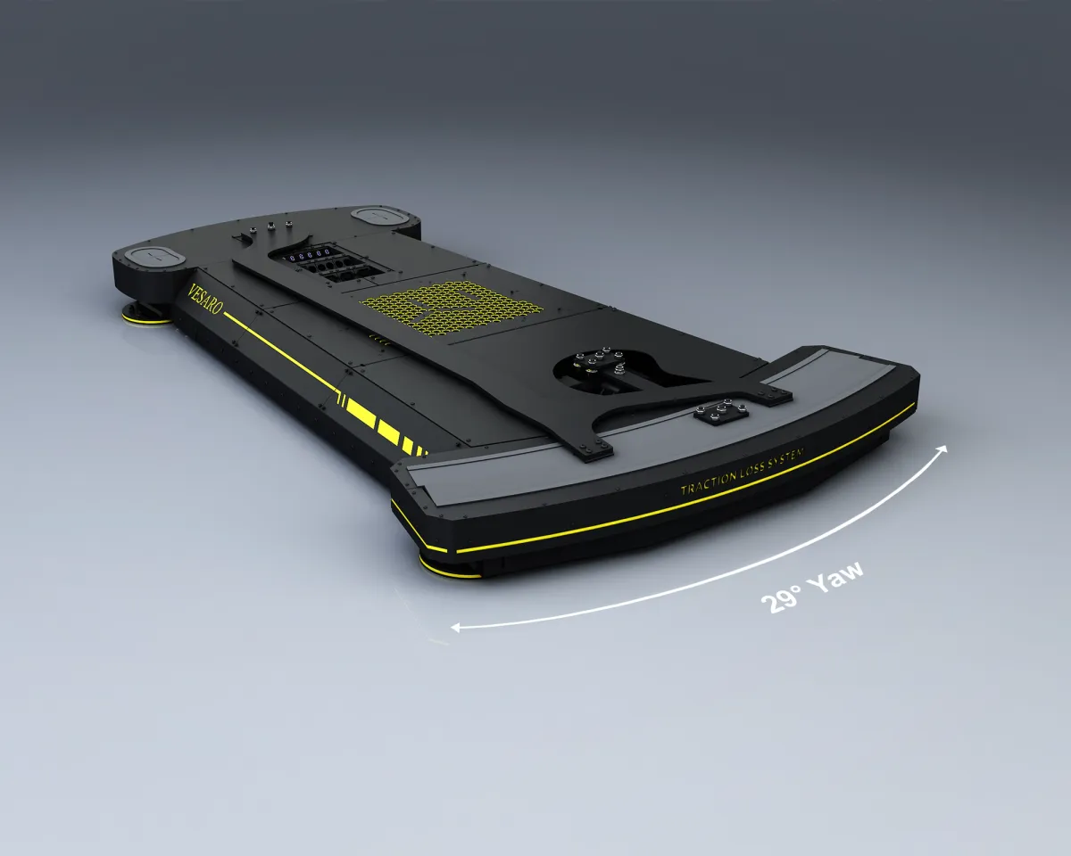 Vesaro motion platform base in black and yellow with a 25 degree yaw arrow marked on the graphic