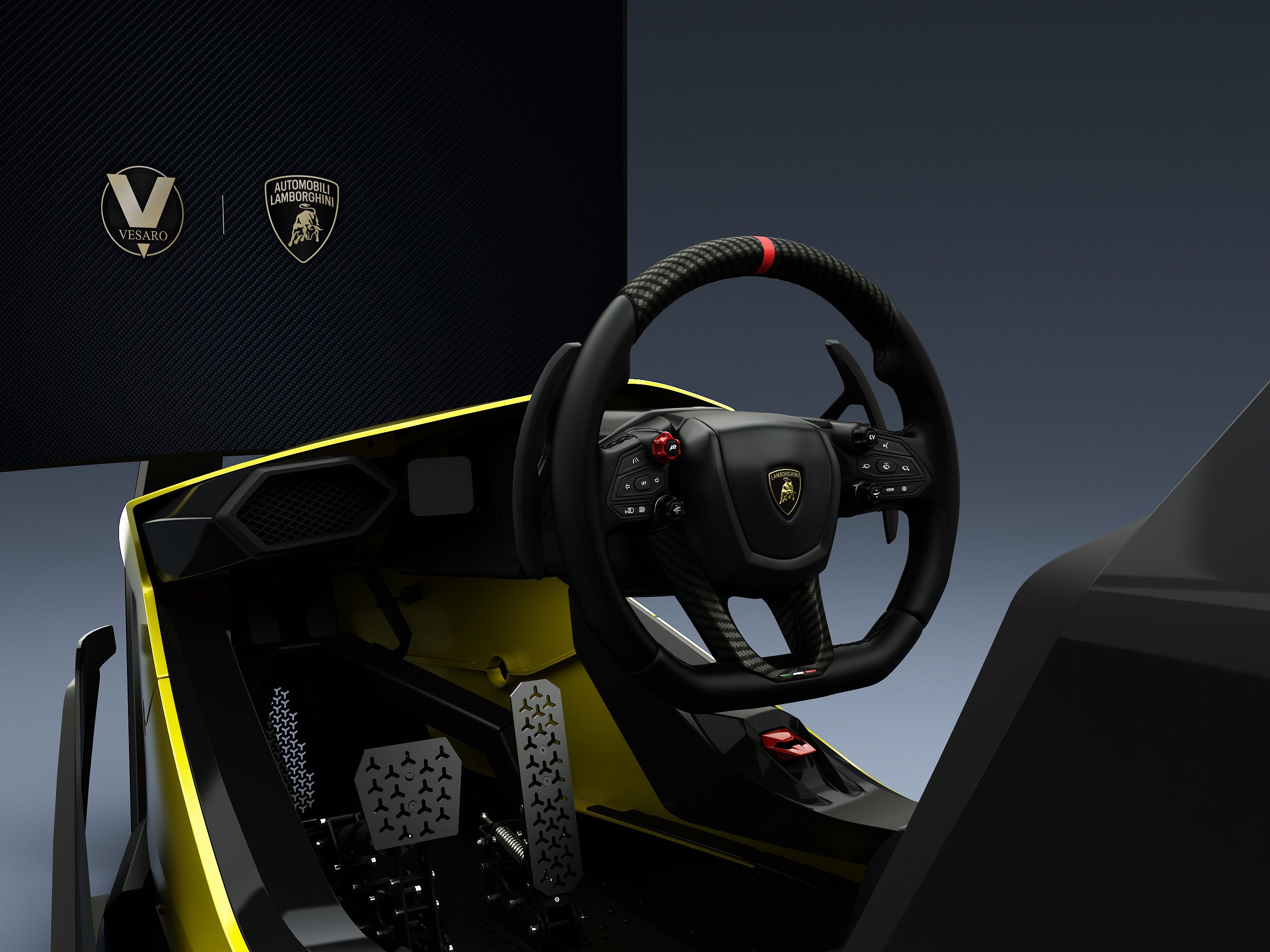 Lamborghini-branded Vesaro simulator cockpit with yellow trim, showing the steering wheel, pedals and Vesaro and Lamborghini logos