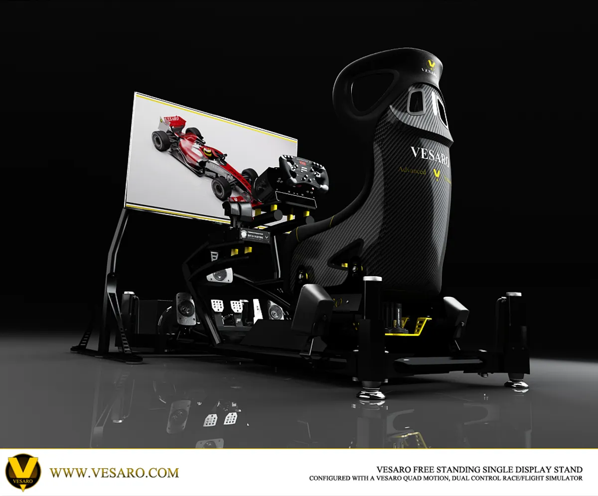 Rear three-quarter render of a Vesaro quad motion dual-control simulator with carbon seat and free-standing single display