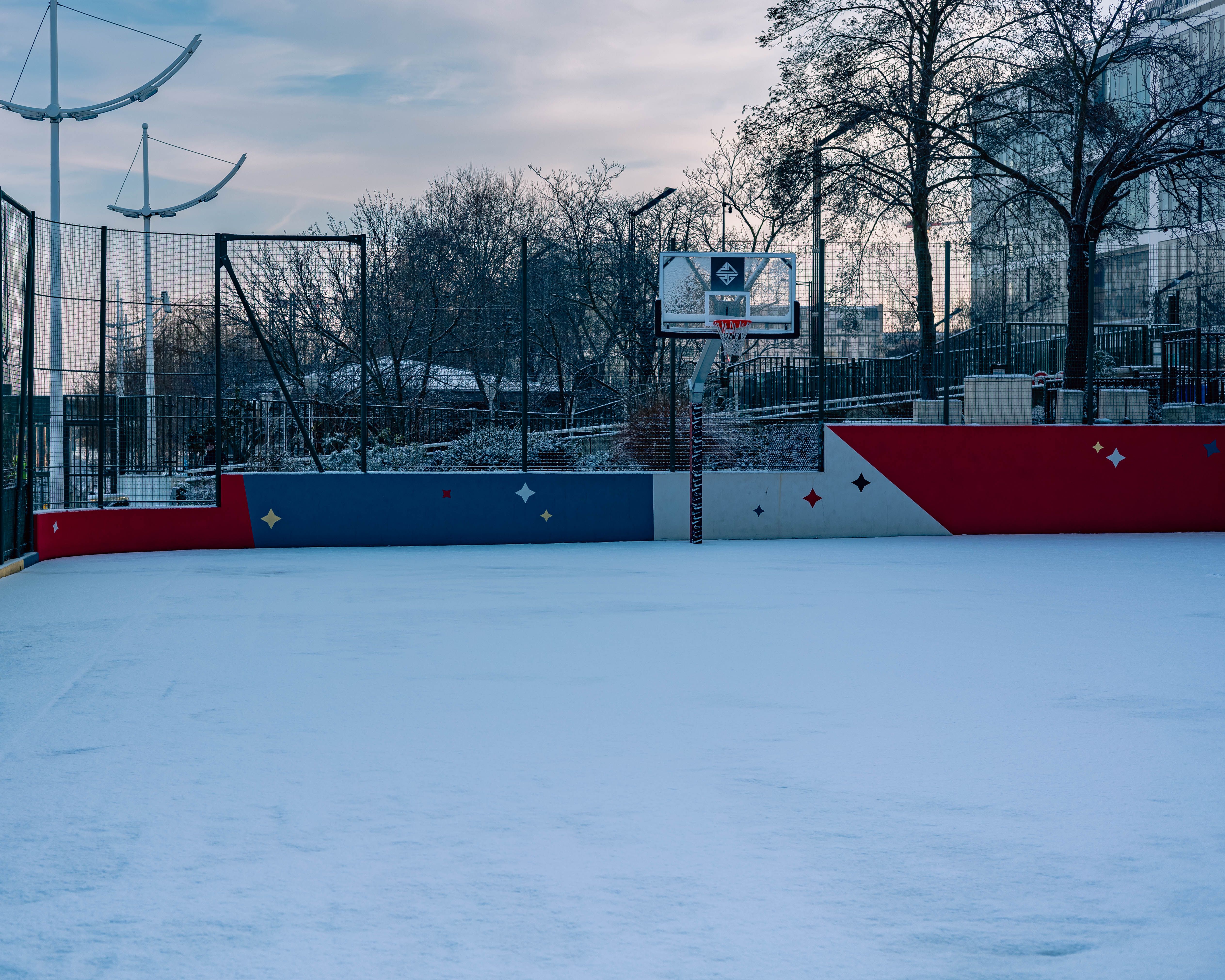 Snow covered basketball court