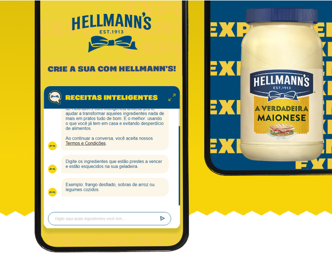 Composição de duas imagens que mostra o chat em funcionamento e um pote de maionese Hellmanns's