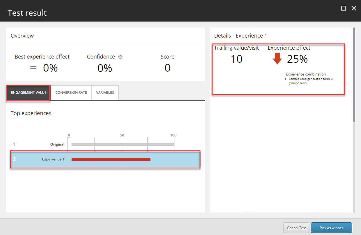 Sitecore's test result dialog box engagement value tab showing the alternative experience when the original one is the best