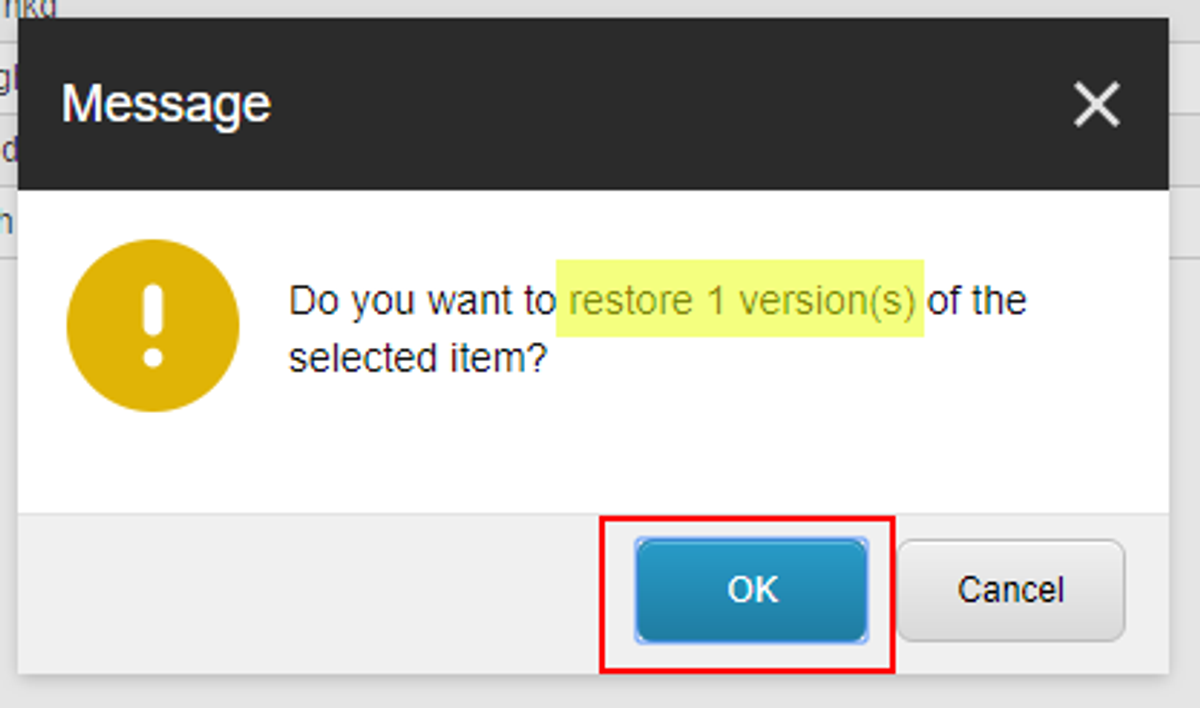 Confirm version to be restored