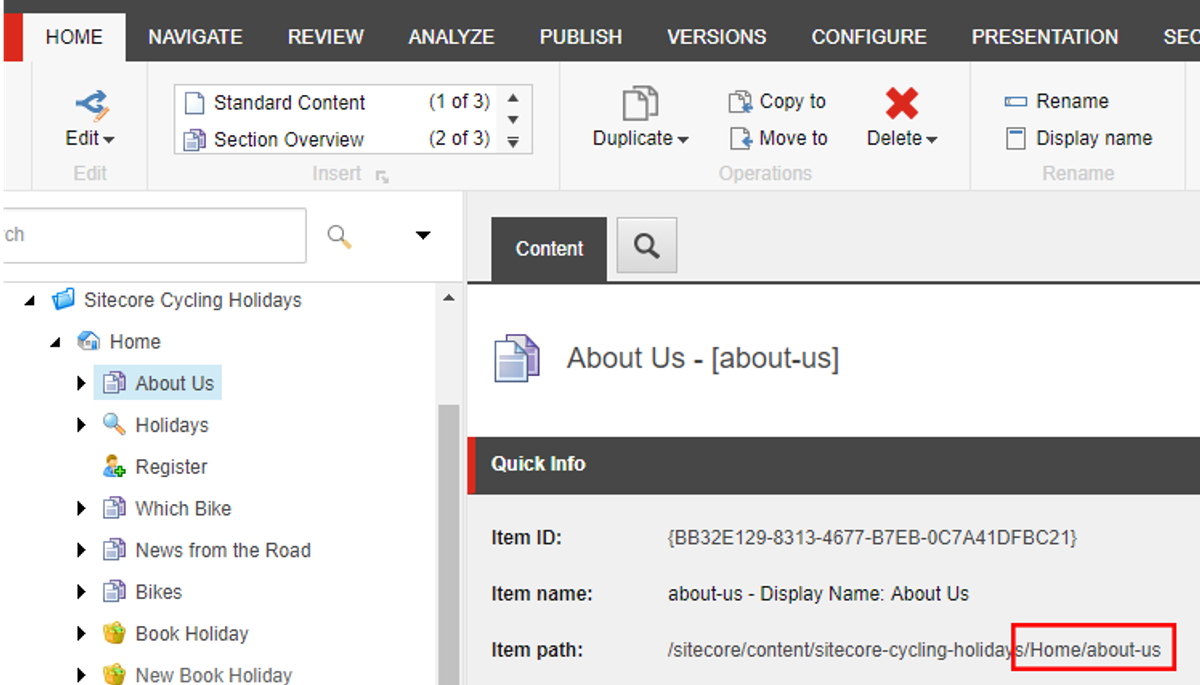 URL indicator on a Sitecore item