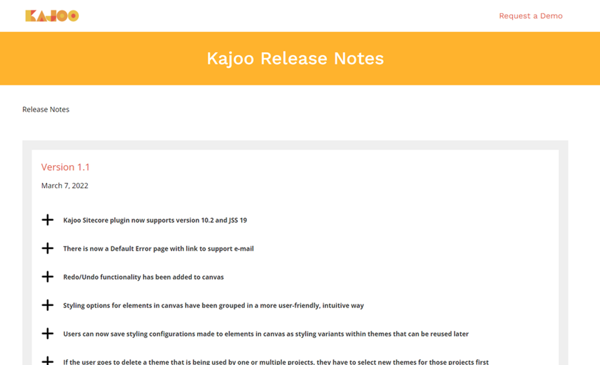 A screenshot of the Kajoo Release Notes page, including bullet point highlights of new features