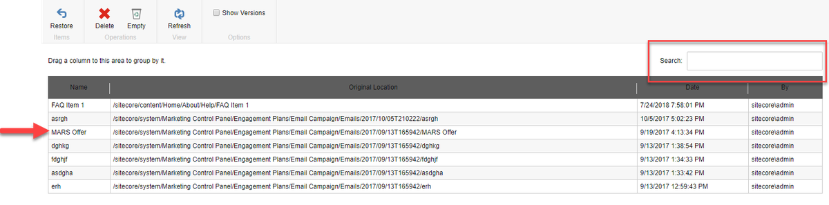 Sitecore Recycle Bin Search Box