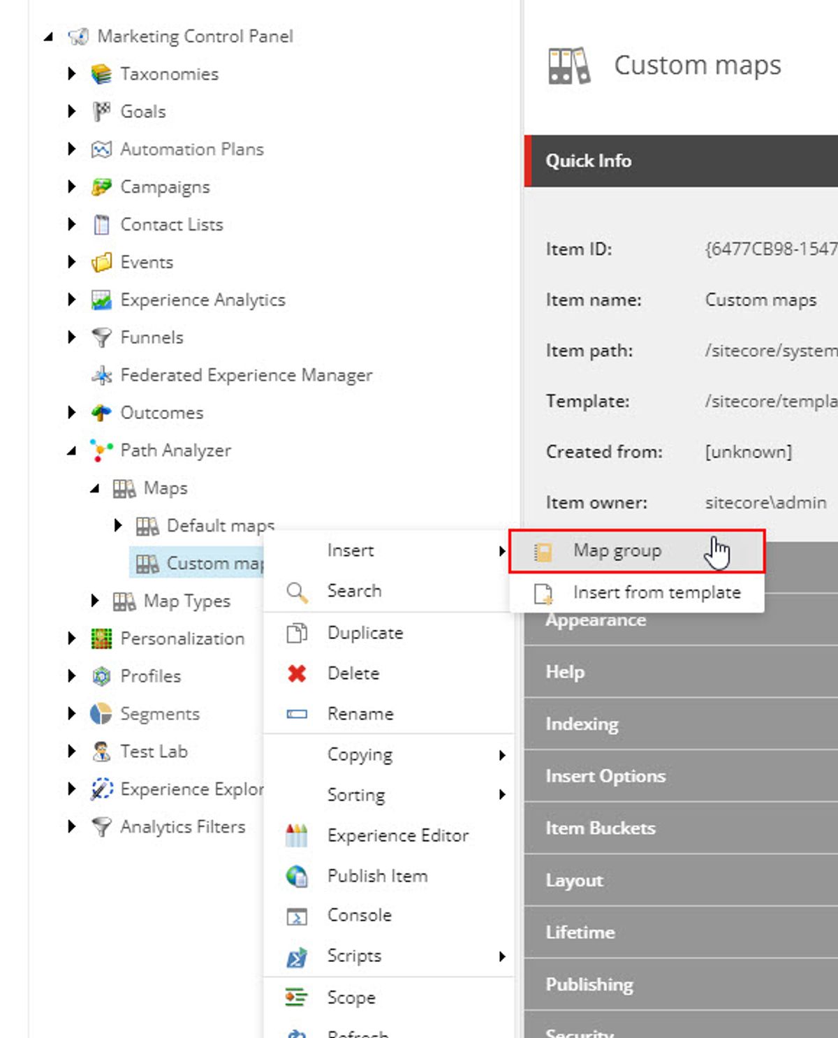 Navigate to Path Analyzer -> right click on node Custom maps -> Insert a Map group