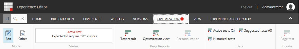 Sitecore's experience editor's optimization tab showing a red dot to indicate a test is running