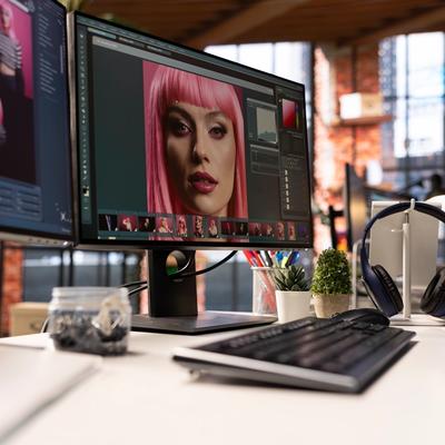 Professional image editing workstation with multiple monitors
