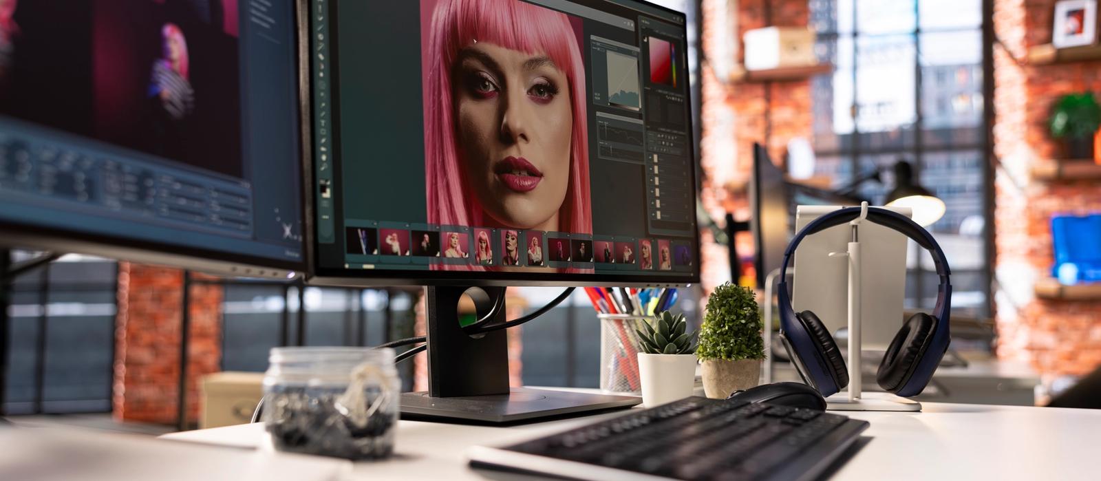 Professional image editing workstation with multiple monitors