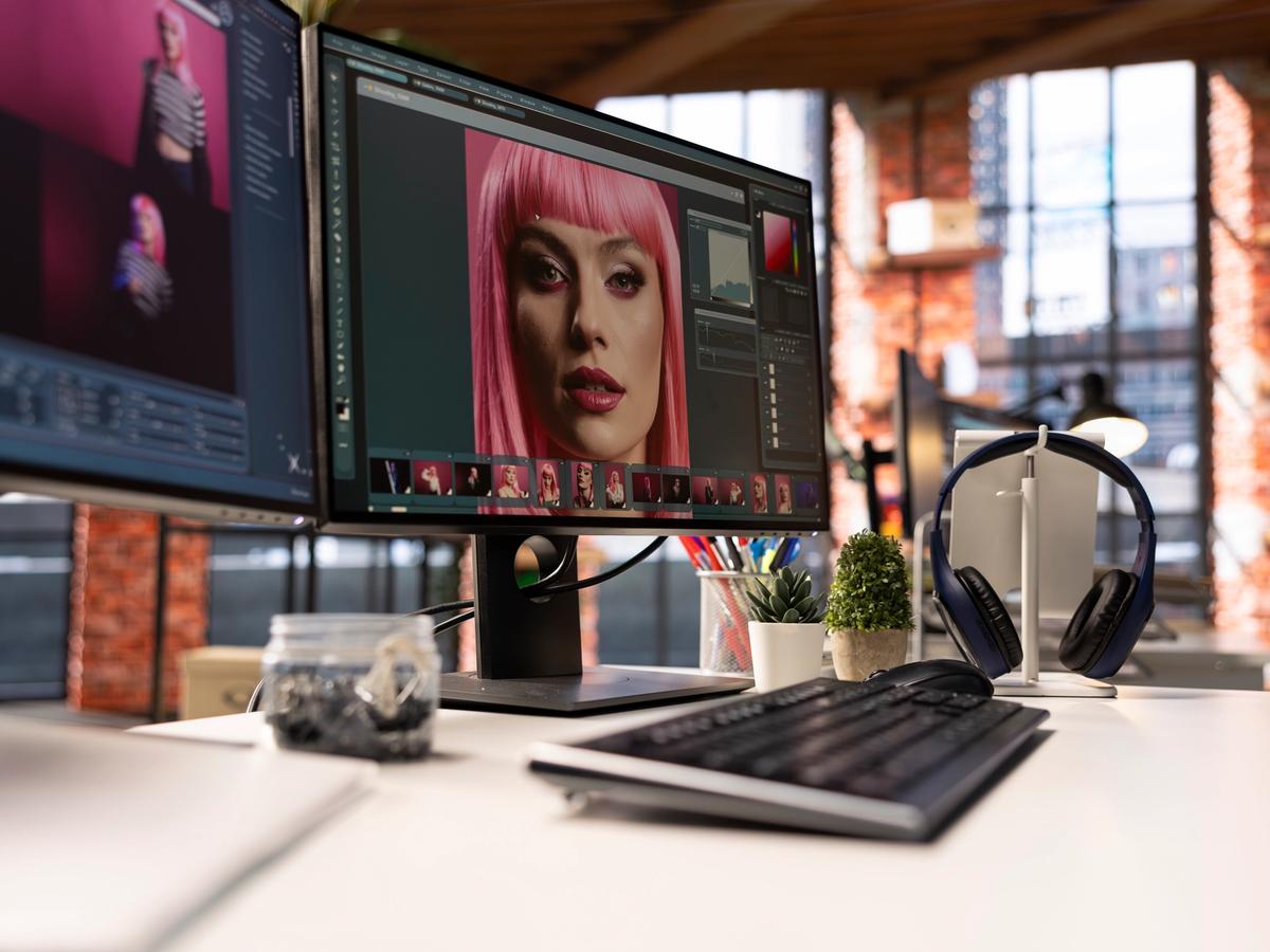 Professional image editing workstation with multiple monitors