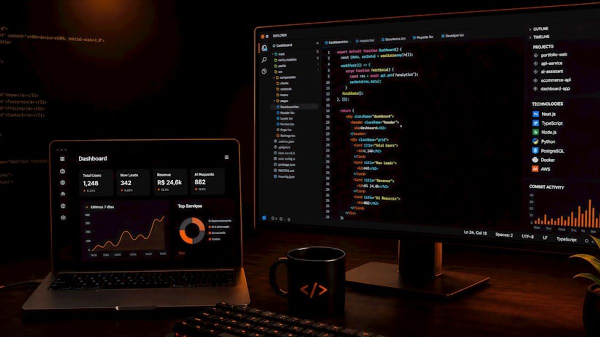 Dark workspace with laptop, monitor displaying code, and plant