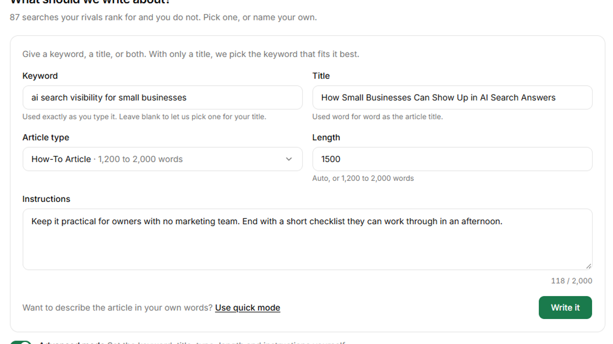The Advanced mode form on Write an article, with keyword, title, article type, length and instructions filled in